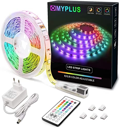 MYPLUS LED Streifen, RGB Led Strips 5M mit IR-Fernbedienung und Netzteil Beleuchtung Band für Zuhause, Schlafzimmer, TV, Decke, Schrankdeko von MYPLUS