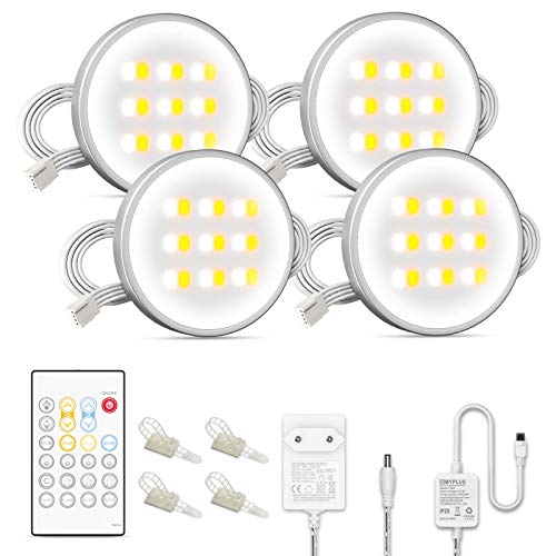 Weiße LED Schrankbeleuchtung, 4 Packs Puck Lights mit Fernbedienung, dimmbar, zeitgesteuert, warm und bei Tageslicht veränderbar, LED-Thekenleuchte für Küchenschrank, Theke, Regal von MYPLUS