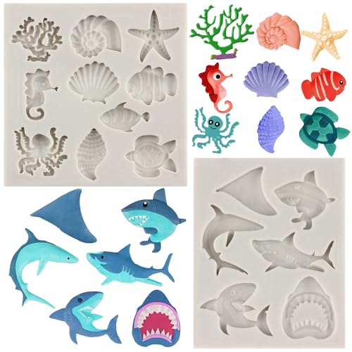 MYPRACS 2 Stück Ozeanhai Fondantform Mini Silikon Meerestierformen Muschel Seestern Oktopus Schildkröte SchokoladenSüßigkeitsform für Kuchendekoration Cupcake Topper Gummipaste Polymerton von MYPRACS