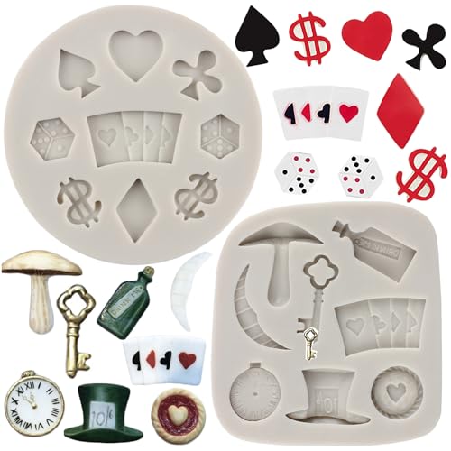MYPRACS 2 Stück Poker Silikonformen Alice im Wunderland Hut Fondantform Spielkarten Schokolade Süßigkeiten Formen für Cupcakes Kuchendeckel Dekorieren Gummipaste von MYPRACS