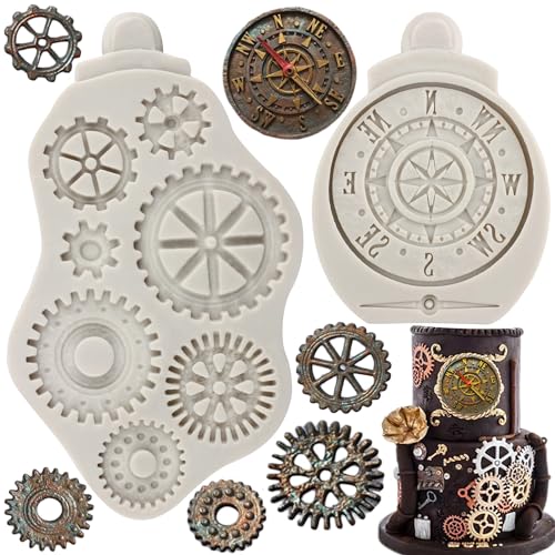 MYPRACS 2 Stück Steampunk Zahnrad Silikonform Kompass Zahnräder Zahnräder Zähne Fondant Formen für Steampunk Reisethemen Kuchendekoration Cupcake Topper Süßigkeiten Schokolade Gummipaste Polymerton von MYPRACS