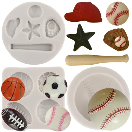 MYPRACS 3 Stück Baseball Silikonformen Baseballschläger Handschuh Hut Fondantform Basketball Fußball Rugby Schokoladenformen für Kuchendekoration Jelly Shots Süßigkeiten Gummipaste von MYPRACS