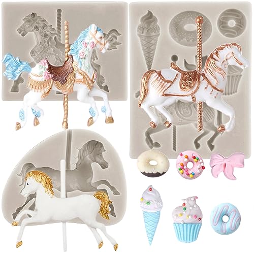 MYPRACS 3 Stück Karussell Pferd Silikon Fondant Formen Karussell Schokoladen Gummipaste Form für Babyparty Süßigkeiten Cupcake Topper Polymer Ton Kuchendekoration von MYPRACS