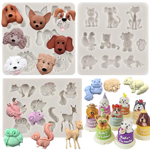 MYPRACS 3 Stück Waldtier Silikonform Katze Hund Eichhörnchen Igel Eule Vogel Fondantformen für Kuchendekoration Cupcake Topper Süßigkeiten Schokolade Gummipaste Polymerton von MYPRACS