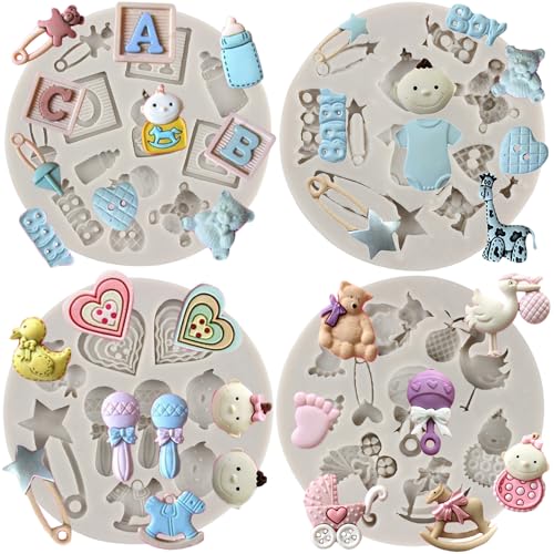 MYPRACS 4 Stück Baby Silikon Fondant Kuchenform Babyparty Thema Cupcake Formen zum Dekorieren von Kuchen Cupcake Topper Süßigkeiten Schokolade Gummipaste Polymerton von MYPRACS