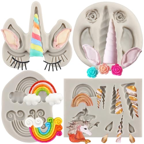 MYPRACS 4 Stück Einhorn Silikonform Einhorn Horn Ohren Rose Blume Regenbogen Fondantform für Kuchendekoration Cupcake Topper Schokolade Süßigkeiten Polymerton Gummipaste von MYPRACS