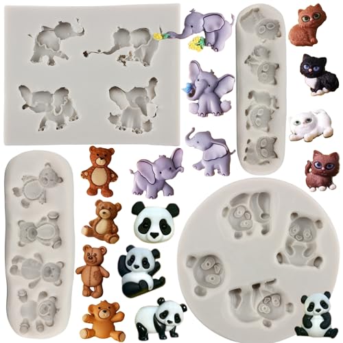 MYPRACS 4 Stück Elefant Bär Panda Katze Silikon Fondant Formen für Schokolade Süßigkeiten Harz Zucker Gummipaste Kuchendekoration von MYPRACS