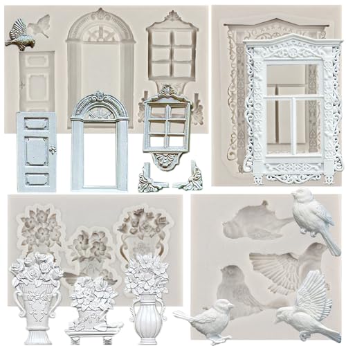 MYPRACS 4 Stück Fenstertür Silikonform Vogel Fondant Formen Blumenform Rahmen Kuchenrand Silikonformen für Schokolade Kuchen Dekoration Cupcake Topper Süßigkeiten Gummipaste von MYPRACS