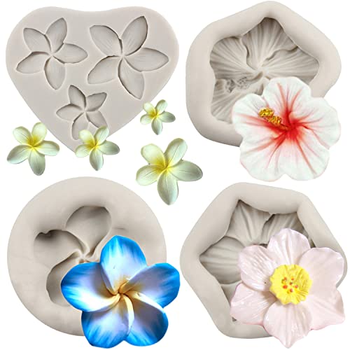 MYPRACS 4 Stück Frangipani Plumeria Blume Blumen Silikonform Hibiskusblüten Fondant Formen für Cupcake Kuchen Topper Dekoration Süßigkeiten Polymer Ton Schokolade Gummipaste von MYPRACS
