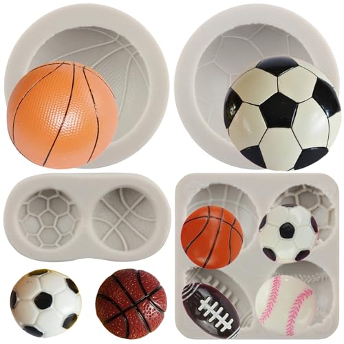 MYPRACS 4 Stück Fußball Basketball Baseball Rugby Silikonformen Ball Kuchen Fondant Formen für Kuchendekoration Cupcake Topper Polymer Ton Süßigkeiten Schokolade Gummipaste von MYPRACS