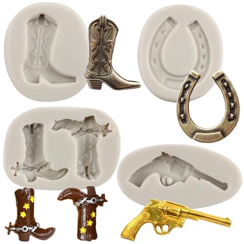 MYPRACS 4 Stück Hufeisen Silikonform Cowboy Stiefel Fondant Formen Pistole Pistole Süßigkeiten Form für Kuchendekoration Cupcake Topper Polymer Ton Schokolade Gummipaste von MYPRACS