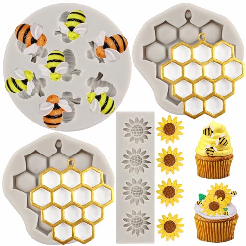 MYPRACS 4 Stück Hummel Silikonform Bienenwabe und Biene Fondant Formen Sonnenblumen Form zum Dekorieren von Kuchen Cupcake Topper Polymer Ton Süßigkeiten Schokolade Gummipaste von MYPRACS