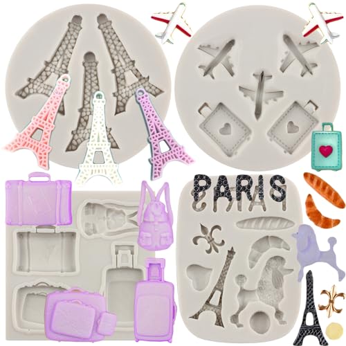 MYPRACS 4 Stück Ich Liebe Paris Fondantformen Eiffelturm Pudel Silikonform Flugzeug Gepäck Tasche Süßigkeitenformen für Kuchendekoration Cupcake Topper Schokolade Gummipaste von MYPRACS