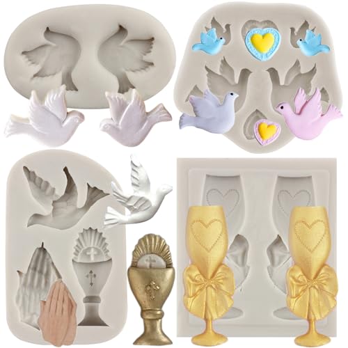 MYPRACS 4 Stück Kommunion Silikonform Weinglas Kelch Fondant Formen Tauben Vogel Form betende Handform für Kuchendekoration Cupcake-Topper Süßigkeiten Polymer Ton Schokolade Gummipaste von MYPRACS