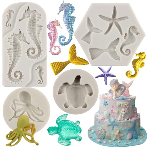 MYPRACS 4 Stück Marine Thema Fondant Silikonformen Seepferdchen Meeresschildkröte Oktopus Seestern Meerjungfrauenschwanz Form zum Dekorieren von Kuchen Cupcake Topper Gummipaste Süßigkeiten Schokolade von MYPRACS