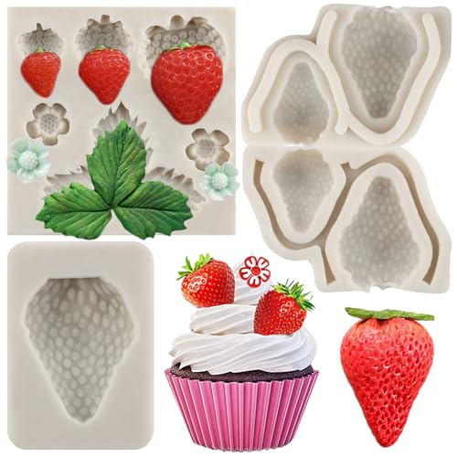MYPRACS 4 Stück Mini Erdbeer Silikonform Erdbeerblumen Fondant Formen zum Dekorieren von Kuchen Cupcake Topper Zucker Süßigkeiten Polymerton Schokolade Gummipaste von MYPRACS