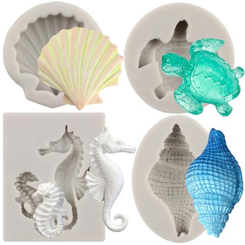 MYPRACS 4 Stück Muschel Silikonformen Meeresschildkröte Fondantform Muschel Seepferdchen Form zum Dekorieren von Kuchen Cupcake Topper Süßigkeiten Schokolade Polymer Ton Gummipaste von MYPRACS