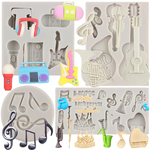 MYPRACS 4 Stück Musiknote Fondantform Musikinstrumente Silikonform Boombox Mikrofon Radio Gitarre Form für Kuchendekoration Cupcake Topper Polymer Ton Süßigkeiten Schokolade Gummipaste von MYPRACS