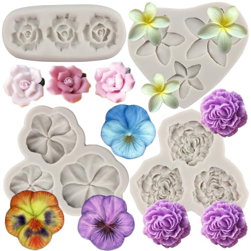 MYPRACS 4 Stück Rosenblüten Silikonform Plumeria Blumen Fondantform Pfingstrosen Blumenformen Stiefmütterchen Blumenform für Kuchendekoration Cupcake Topper Süßigkeiten Schokolade Gummipaste von MYPRACS