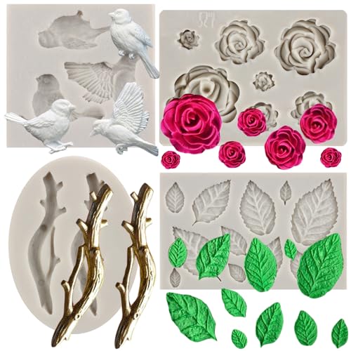 MYPRACS 4 Stück Rosenblume Silikonform Vogel Fondant Formen Ast Zweig Silikonform Rosenblatt Form für Kuchendekoration Cupcake Topper Süßigkeiten Schokolade Polymer Ton Gummipaste von MYPRACS