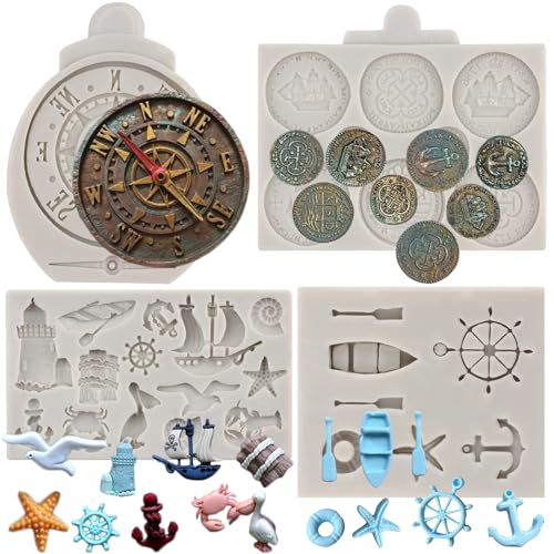 MYPRACS 4 Stück Segelschiff Silikonformen Schatz Münzen Fondant Form Kompass Anker Ruder Möwe Segelboot Haken Schokoladenformen für Kuchendekoration Topper Gummipaste Süßigkeiten Polymer Clay von MYPRACS