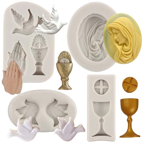 MYPRACS 4 Stück Taufe Kuchen Dekorationen Form Taufe Silikonform Kommunion Kelch Frieden Taube Nonne Fondant Form für Taufe Kuchen Dekorieren Cupcake Topper Süßigkeiten Schokolade Gummipaste Polymer von MYPRACS