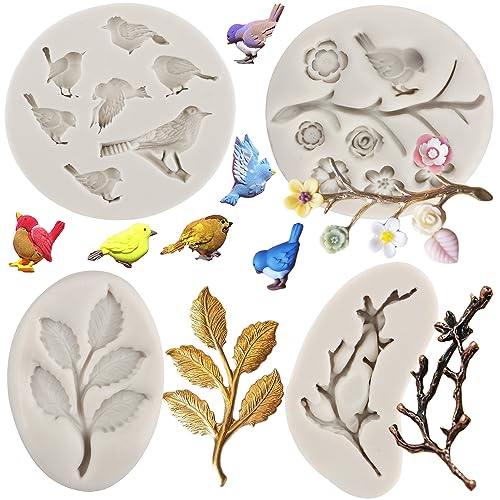 MYPRACS 4 Stück Vogel Silikonformen Baum Ast Fondant Form Blume Blatt Schokoladenform für Zucker Kuchen Dekoration Cupcake Topper Candy Polymer Clay Gum Paste, MY303CK von MYPRACS