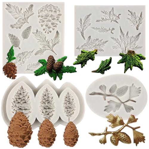 MYPRACS 4 Stück Weihnachten Tannenzapfen Zweig Baum Silikonform Tannenzapfen Fondant Form für Xmas Kuchen Dekorieren Cupcake Topper Gummi Paste Polymer Clay von MYPRACS