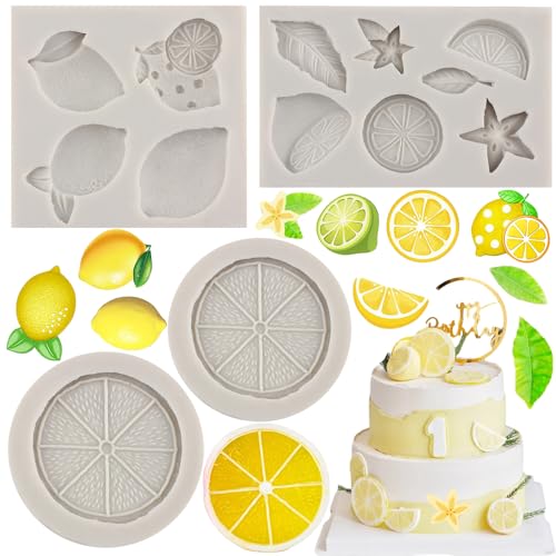 MYPRACS 4 Stück Zitronen Fondant Formen Sommerfrüchte Silikon Süßigkeiten Schokoladenform Zitronenscheiben Harzformen zum Dekorieren von Kuchen Cupcake Topper Schokolade Gummipaste Polymerton von MYPRACS