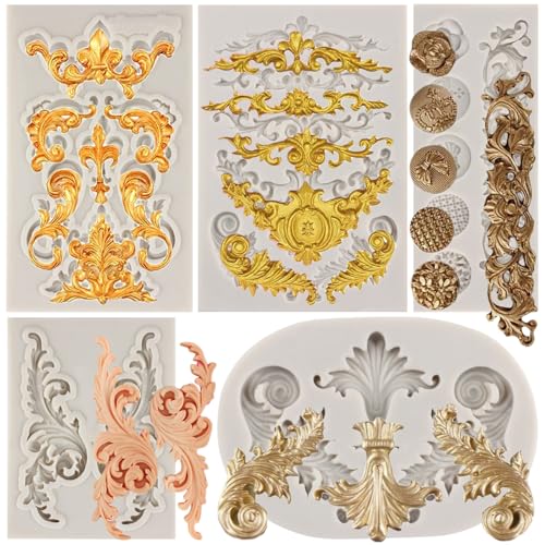 MYPRACS 5 Stück Barock Fondantformen Schnörkel Spitze Silikonform filigrane Form 3D Geformte BlumenKuchenrandformen für Kuchendekoration Cupcake Topper Süßigkeiten Polymerton Schokolade Gummipaste von MYPRACS