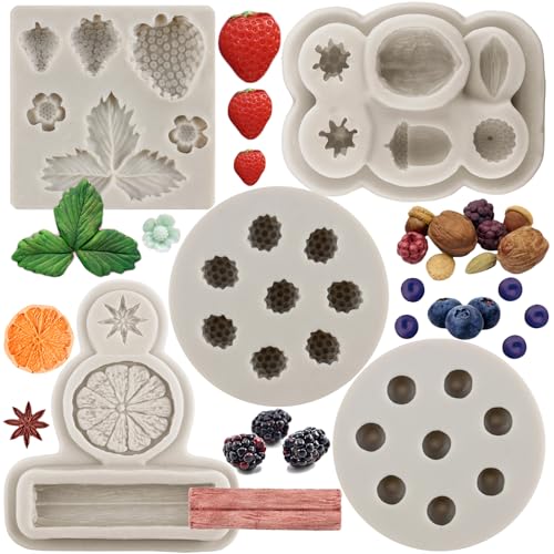 MYPRACS 5 Stück Heidelbeere Himbeere Erdbeere Fondantformen Nüsse Beeren Silikonform Gewürze Sternanis Zimt Zitrone Form für Kuchendekoration Cupcake Topper Süßigkeiten Schokolade Gummipaste von MYPRACS