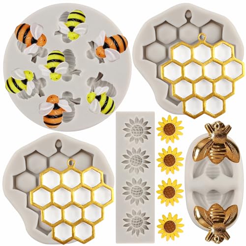 MYPRACS 5 Stück Hummel Silikonform Bienenwabe Sonnenblume und Biene Fondant Formen zum Dekorieren von Kuchen Cupcake Topper Süßigkeiten Schokolade Gummipaste Polymer Ton von MYPRACS