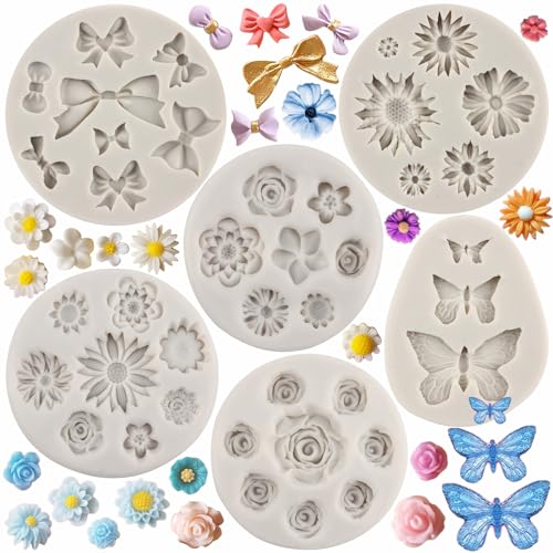 MYPRACS 6 Stück Blumen Silikonformen Rose Gänseblümchen Schmetterling Schleife Fondantform für Kuchendekoration Cupcake Topper Zuckerhandwerk Gummipaste Süßigkeiten Schokolade Polymerton von MYPRACS