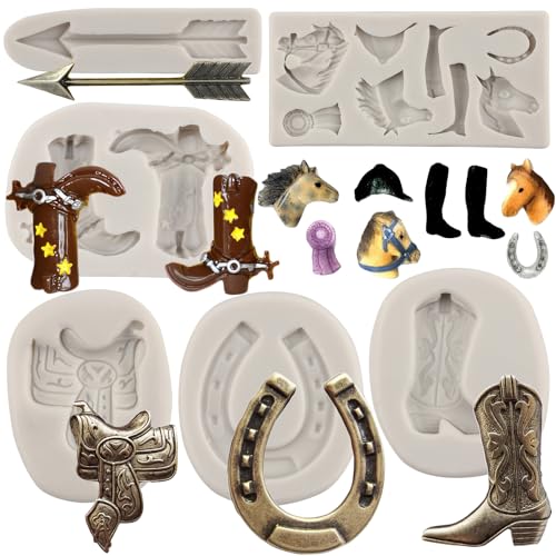 MYPRACS 6 Stück Pferde Silikonform Hufeisen Fondant Form Cowboy Stiefel Form Sattelform Feder Pfeil Form für Kuchendekoration Cupcake Topper Süßigkeiten Schokolade Polymer Ton Gummipaste von MYPRACS