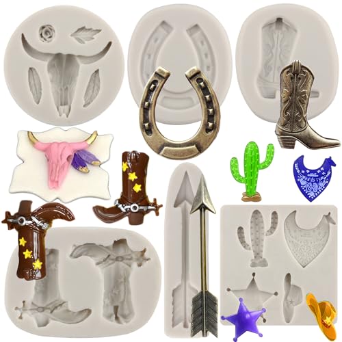 MYPRACS 6 Stück Stierkopf Silikonform Feder Pfeil Cowboystiefel Hufeisen Huf Fondantform Schokolade Kaktus Stern Schuhform für Süßigkeiten Kuchendekoration Cupcake Topper Gummipaste Polymerton von MYPRACS