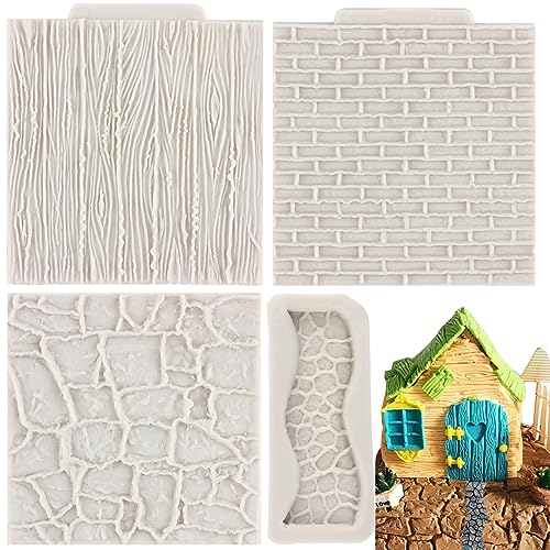 MYPRACS Backsteinmauer Textur Design Silikonformen Stein Textur Stein Weg Fondant Formen Holzmaserung Baum Rinde Silikon Abdruckmatte für Kuchendekoration Süßigkeiten Schokolade Gummipaste Ton 4 Stück von MYPRACS