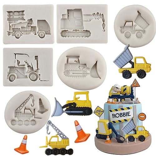MYPRACS Bagger-Fondantformen Baustellen-Bulldozer-Silikonformen Kran-Bau-LKW-Gabelstapler-Form Für Kuchendekoration Cupcake-Topper Süßigkeiten Schokolade Blütenpaste Polymer-Ton 6er-Set von MYPRACS