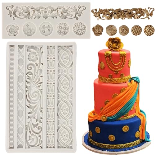 MYPRACS Barock Fondant Formen Scroll Border Lace Silikonform Schnörkel Gum Paste Candy Schokolade Formen für Kuchen dekorieren Zucker Handwerk Polymer Clay Set von 2 von MYPRACS