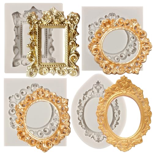 MYPRACS Bilderrahmen Silikonform Fondant Formen Barock Stil Schnörkel Scroll Frame Form für Cupcake Topper Kuchen Dekoration Schokolade Kandis Polymer Ton Kaugummi Paste Satz von 4 von MYPRACS
