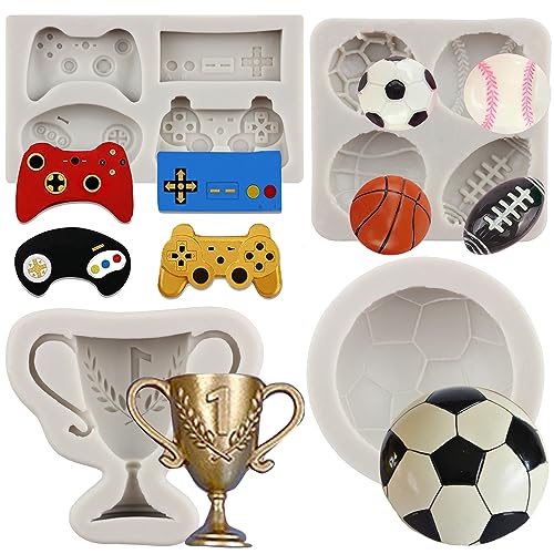 MYPRACS Fußball Basketball Baseball Rugby Silikonform Game Controller Fondant Form Trophäe Schokoladenform für Zucker Kuchen Dekorieren Cupcake Topper Candy Polymer Clay Gum Paste Set von 4 von MYPRACS