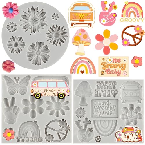 MYPRACS Groovy Boho Fondant Formen Groovy Hippie 3D Silikonformen Gänseblümchen Boho Regenbogen Formen für Kuchen Dekorieren Cupcake Topper Candy Chocolate Gum Paste Polymer Clay von MYPRACS