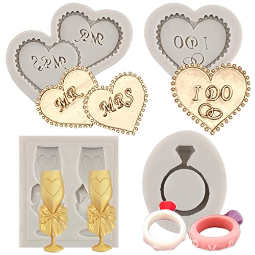 MYPRACS Herz-Fondantformen MR MRS I DO Silikon-Kuchendekorationsform Champagner Weinglas Ringform für Hochzeit Party Kuchen Dekorieren Schokolade Süßigkeiten Cupcake Topper Polymer Clay 4er Set von MYPRACS