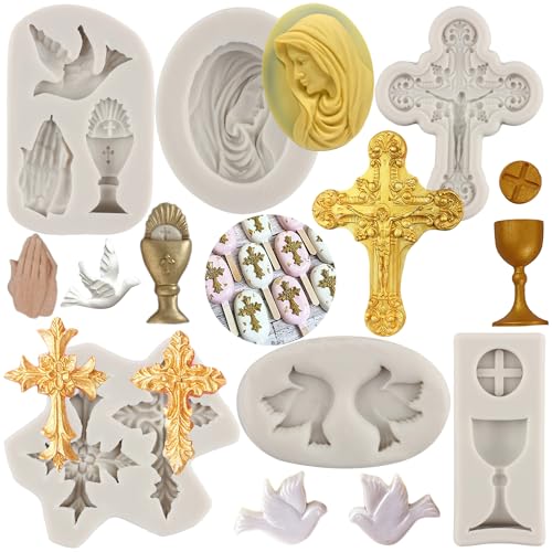 MYPRACS Kreuz Silikonform Kommunion Kelch Taube Fondant Formen Taufe Kuchenform für Taufe Party Kuchen Dekorieren Cupcake Topper Polymer Clay Candy Chocolate Gum Paste 6 Stück von MYPRACS