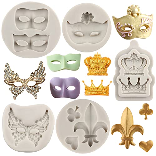 MYPRACS Mardi Gras Fondant Form Maskerade Maske Krone Silikonform für Karneval Cupcake Topper Kuchen Dekorieren Süßigkeiten Schokolade Gummipaste Polymer Clay 5 Stück von MYPRACS