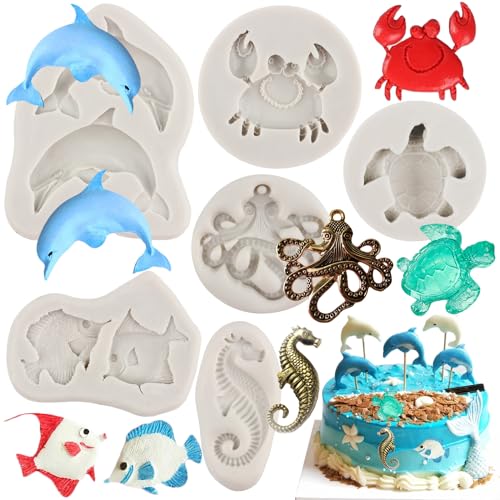 MYPRACS Meeresschildkröte Silikonformen Delfin Fondant Form Seepferdchen Krabbe Octopus Schokoladenform für Zucker Kuchen Dekoration Cupcake Topper Candy Polymer Clay Gummipaste 6 Stück von MYPRACS