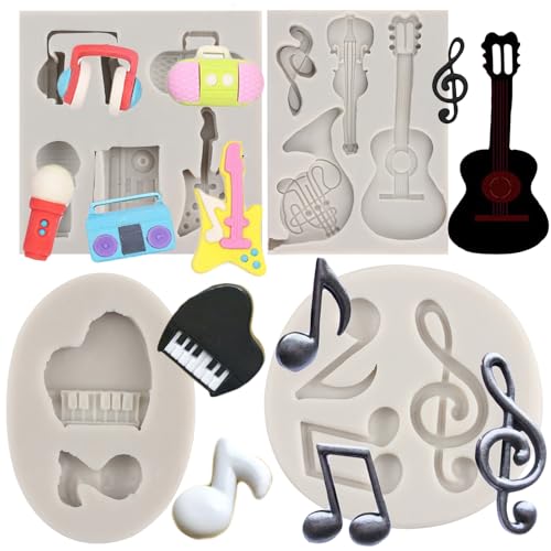 MYPRACS Musiknote Silikonform Instrument Fondant Formen Boombox Mikrofon Radio Gitarre Form Klavier Süßigkeiten Form für Kuchen Dekorieren Schokolade Gummipaste 4 Stück von MYPRACS