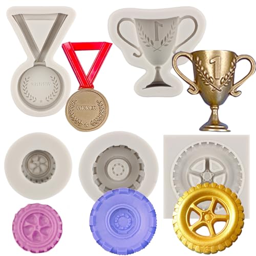 MYPRACS Rennwagen, runde Reifen, LKW-Rad, Trophäe, Medaillen-Silikonform-Set für Kuchendekoration, Grau von MYPRACS