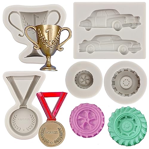 MYPRACS Rennauto-Silikonformen 3D-Rundreifen-Fondantform LKW-Radform Silikonform Rennauto-Pralinen-Bonbon-Form Zum Dekorieren Von Kuchen Cupcake-Topper Blütenpaste Polymer-Ton 5er-Set von MYPRACS