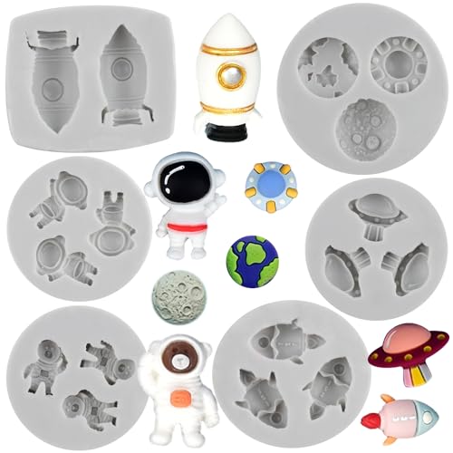 MYPRACS Weltraum Thema Form Astronaut Silikonformen Raumschiff Planet Rakete Satellit Fondant Form für Kuchen Dekoration Cupcake Topper Cookie Candy Schokolade Gummipaste Polymer Clay 6 Stück von MYPRACS