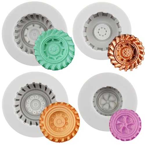 MYRACS 3D-Silikonform Für Fondant Rund In LKW-Radform Silikonform Für Zuckerguss Kuchendekoration Cupcake-Topper Süßigkeiten Schokolade Blütenpaste Polymer-Ton 4er-Set von MYPRACS